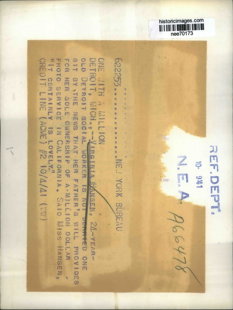 1941 Press Photo Virginia Hansen, Detroit Social Worker with Million Dollar.