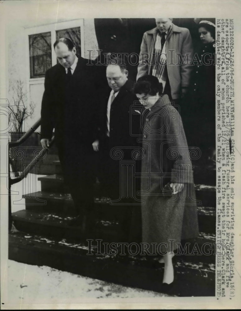 1956 Press Photo William Clark escorted out of a funereal by surviving daughter