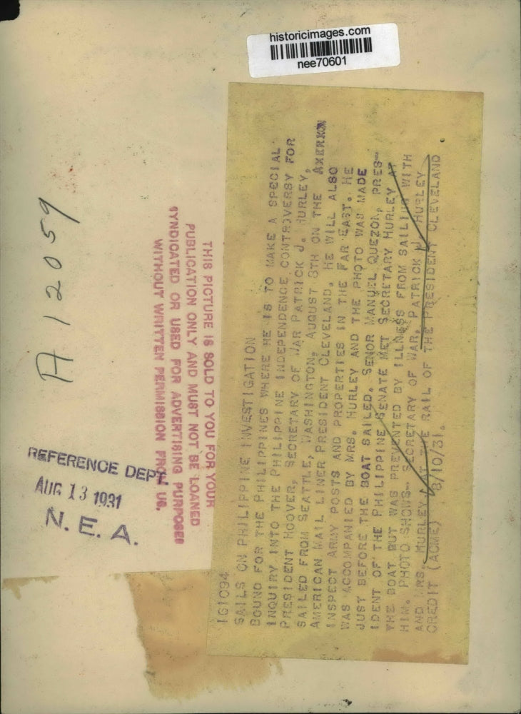 1931 Press Photo Sec. of War Patrick J. Hurley and wife - nee70601