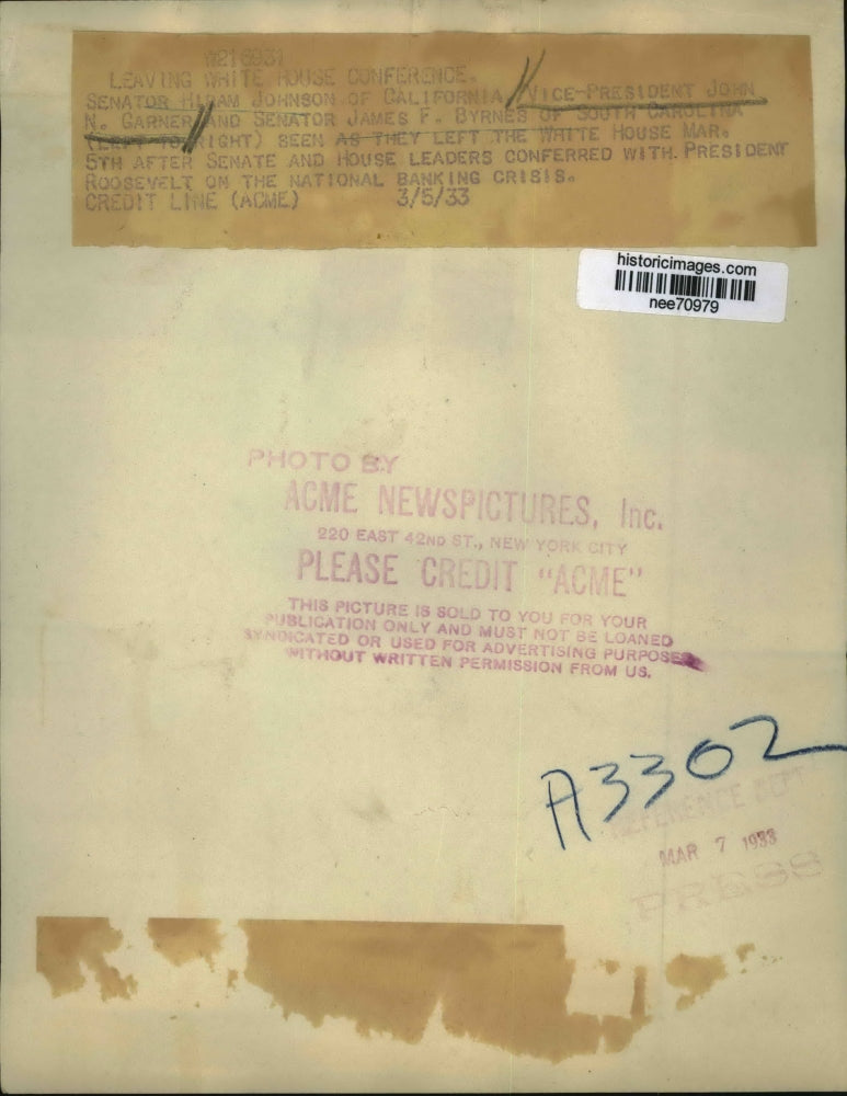 1933 Press Photo Sen.Hiran Johnson, Vice Pres.John N.Garner and Sen.James Byrnes