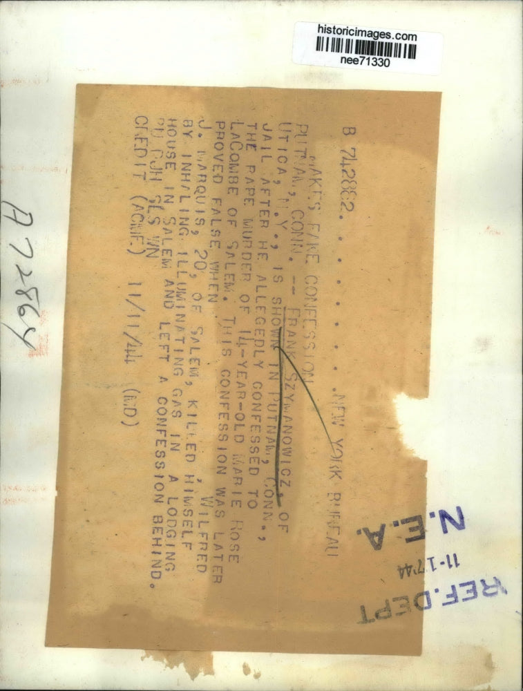 1944 Press Photo Putnaqm Conn Frank Szymanowicz in jail after confessing.