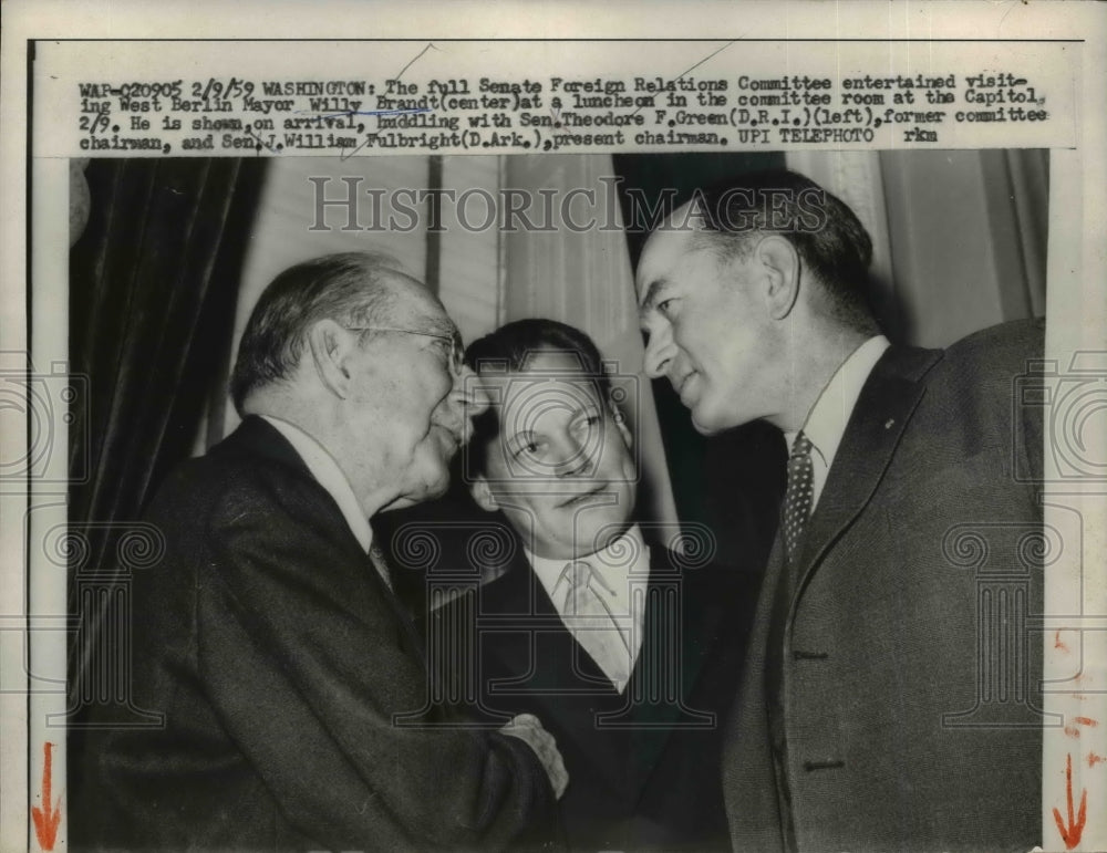 1959 Press Photo West Berlin Mayor Willy Bradnt, Sen. Theodore F. Green. Sen. J.