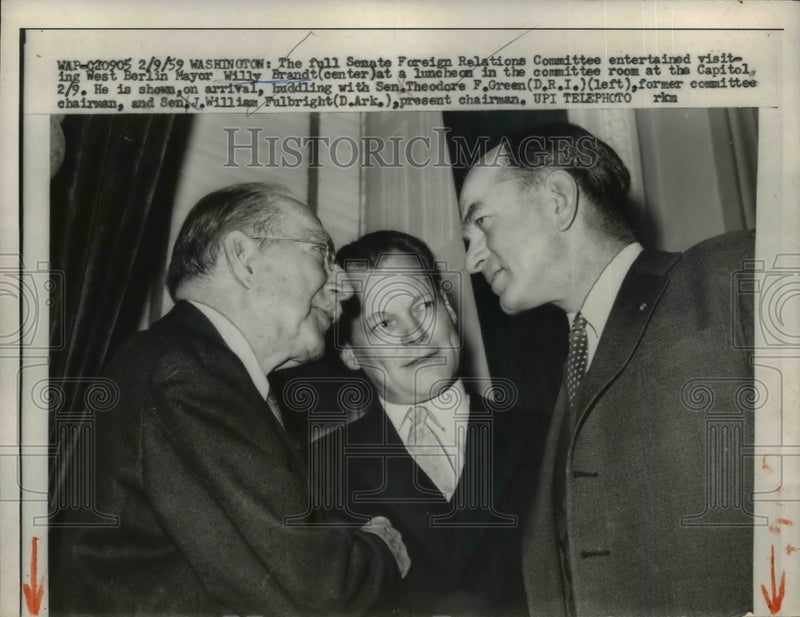 Load image into Gallery viewer, 1959 Press Photo West Berlin Mayor Willy Bradnt, Sen. Theodore F. Green. Sen. J.
