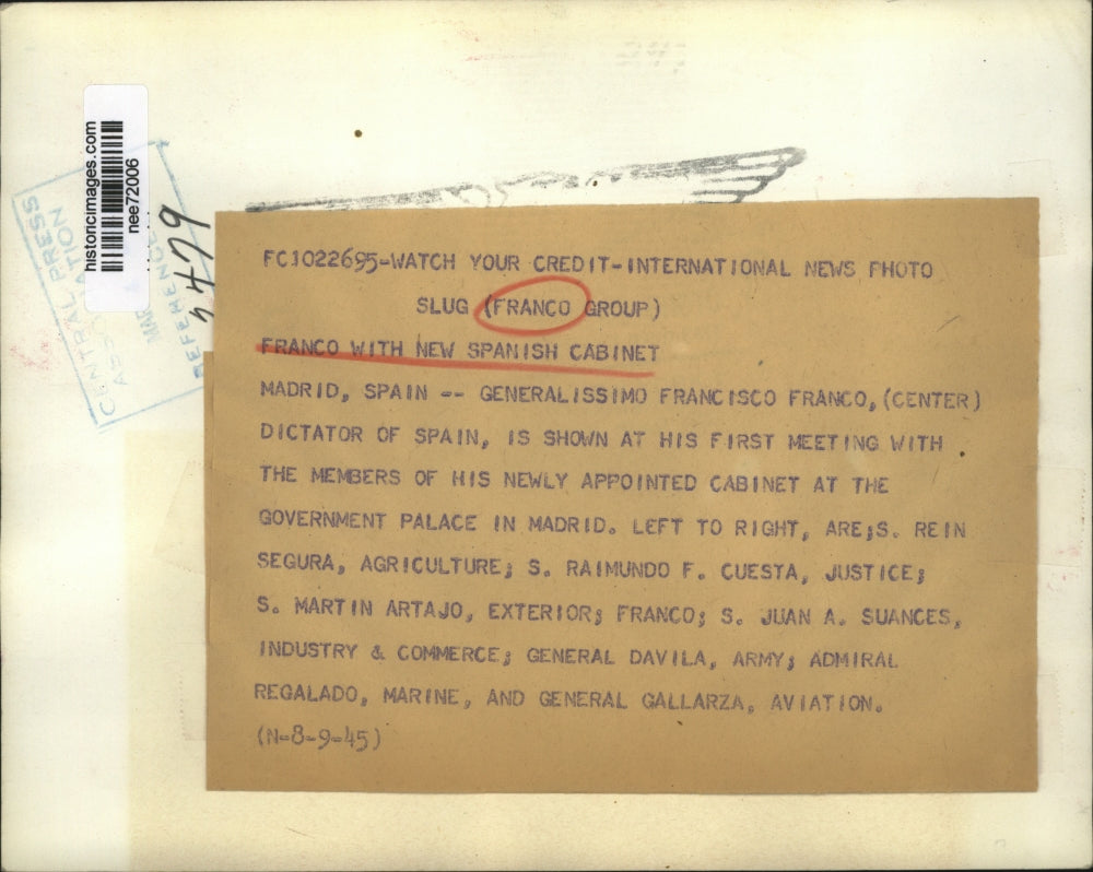 1945 Press Photo Generalissimp Francisco Franco with new Spanish Cabinet S. Rein