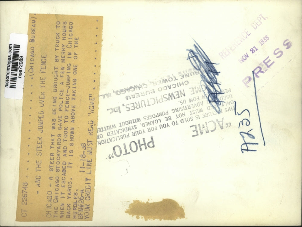 1938 Press Photo Chicago A steer being brought to stockyards escaped - nee72089