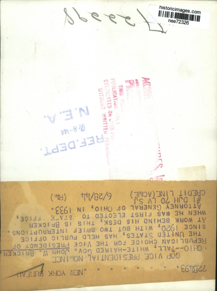 1944 Press Photo Ohio Governor John W. Bricker - nee72326