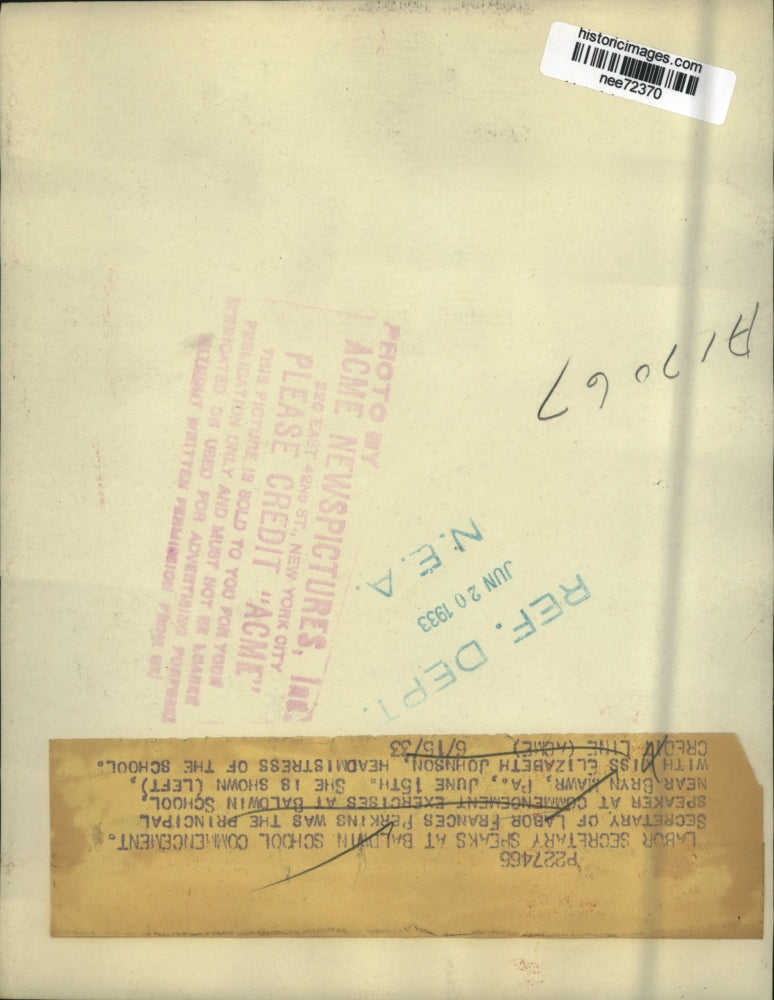 1933 Press Photo Frances Perkins, Commencement speaker Baldwin School, Elizabeth