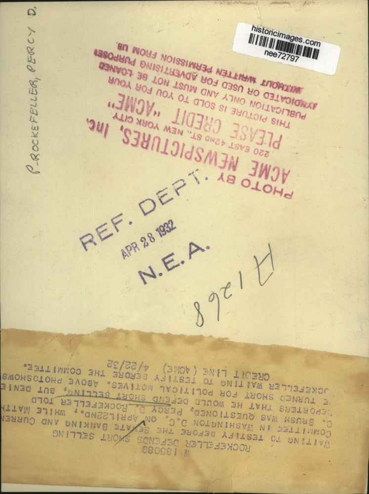 1932 Press Photo Percy Rockefeller testify Senate Banking & Currency Committee