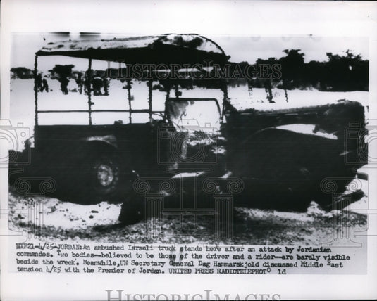1956 Press Photo Ambushed Israeli Truck Attacked by Jordanian Commandos