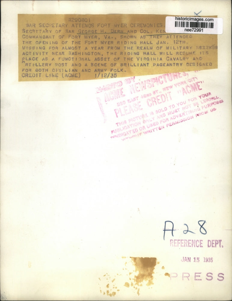 1935 Press Photo Sec of War George H. Dern Opening Ford Myer Riding Hall