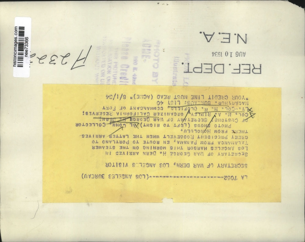 1934 Press Photo (L to R)Al Cohn, George Darn, H. Clofield greet Pres. Roosevelt