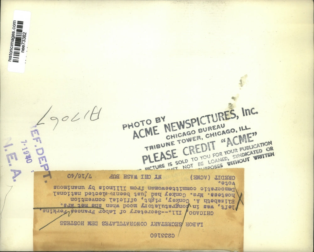 1940 Press Photo Sec of Labor congratulates convention hostess on her election