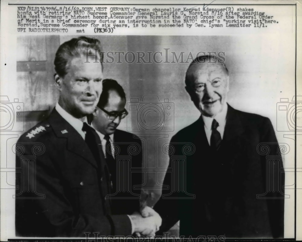 1962 Press Photo German Chancellor Konrad Adepauer, Gen. Lauris G. norstad NATO