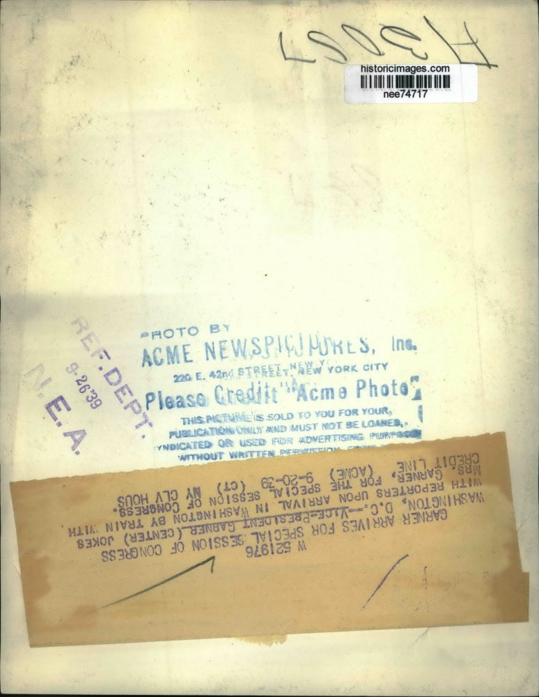 1939 Press Photo Wash DC VP John Garner arrives for special Congress session