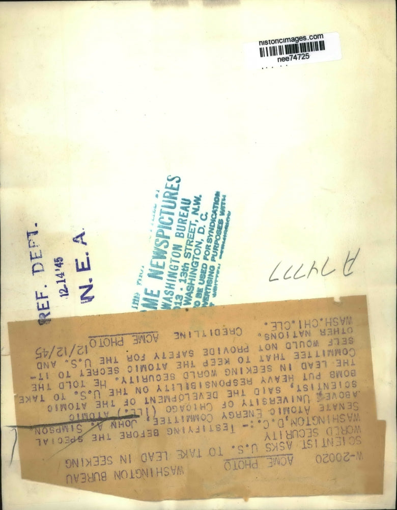 1945 Press Photo Wash DC Joah A Simpson of U of Chicago at Senate committee