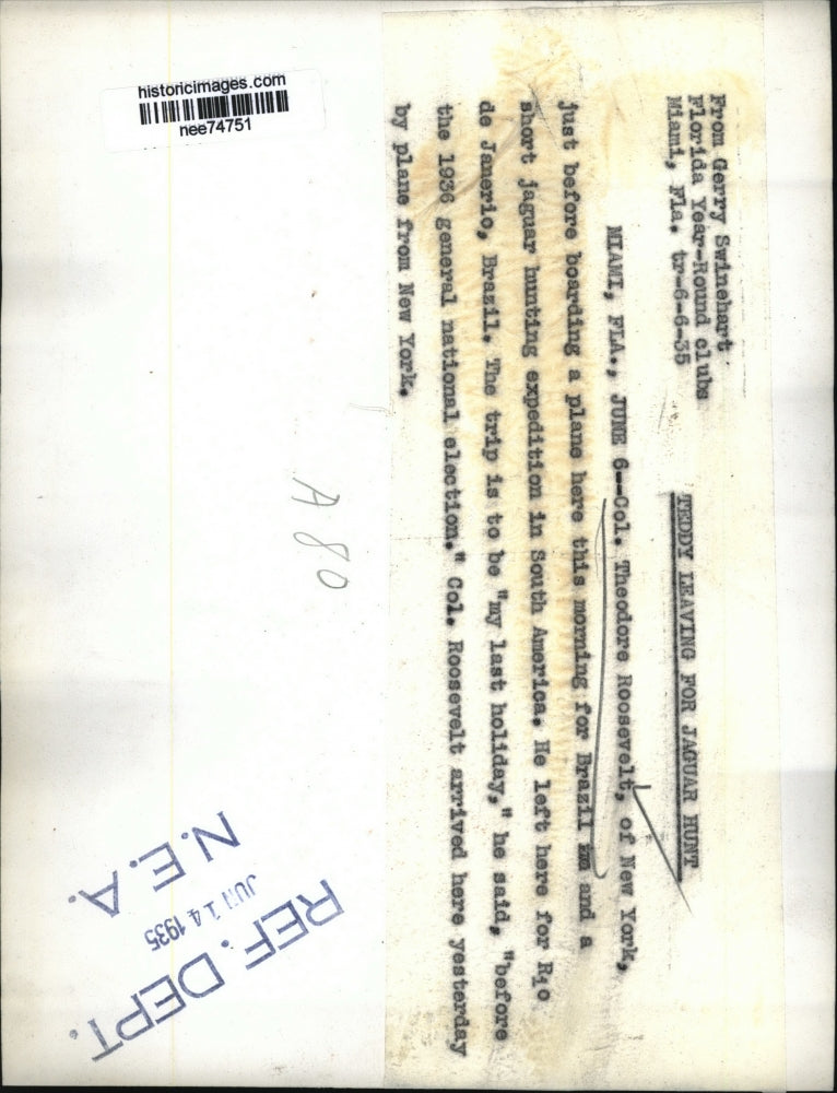 1935 Press Photo Colonel Theodore Roosevelt in Rio De Janerio Brazil