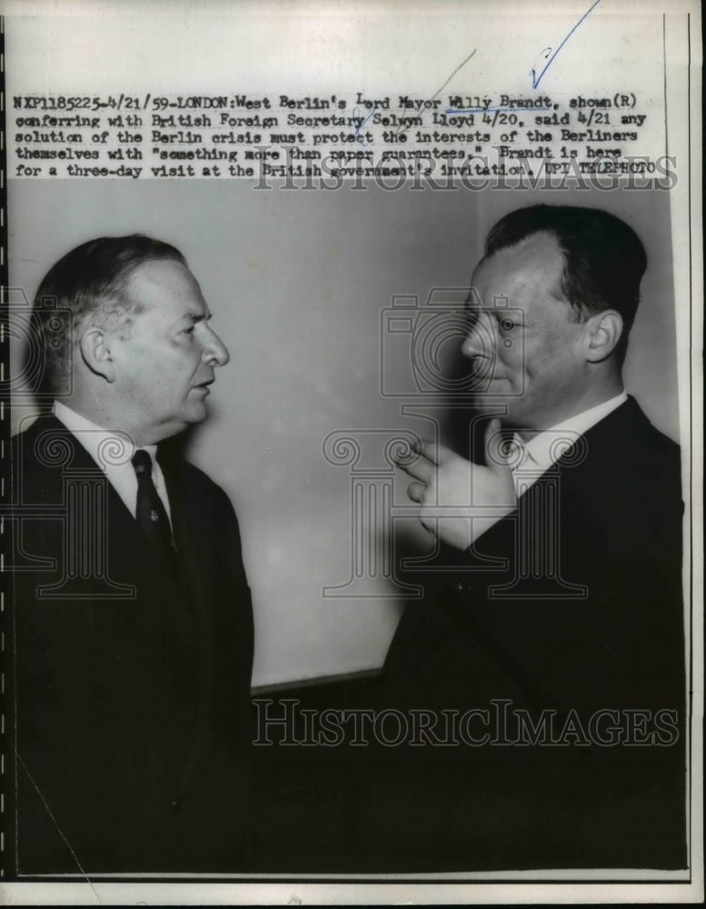 1959 Press Photo West Berlin Mayor Willy Brandt.UK Foreign Sec Selwyn Lloyd