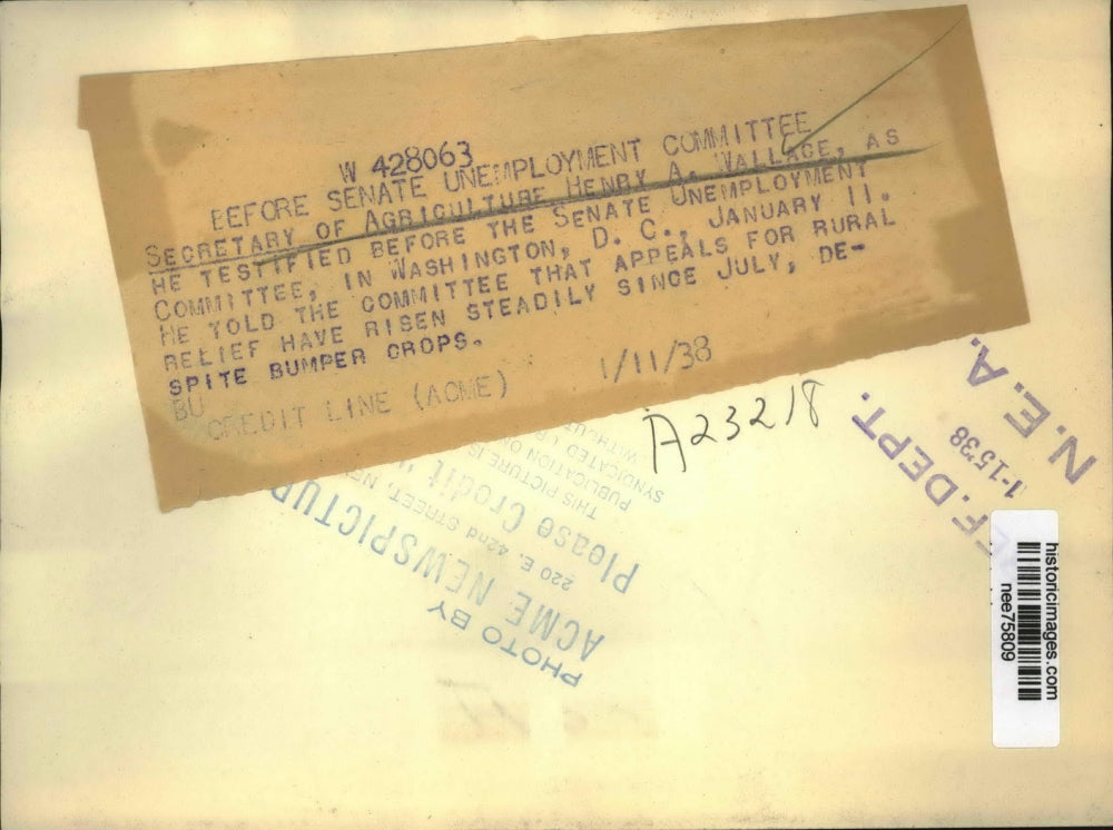 1938 Press Photo Secretary of Agriculture Henry Wallace at Unemployment Committe