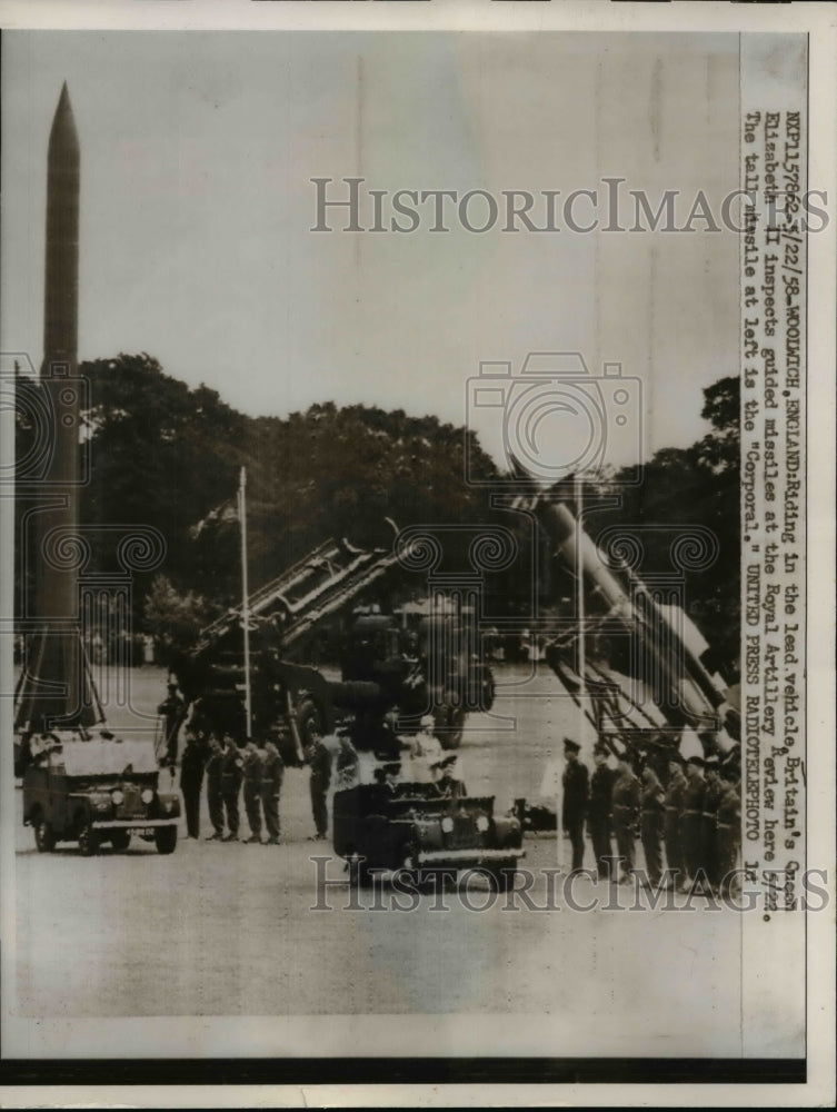 1958 Press Photo Britain's Queen Elizabeth Inspects Guided Missiles - nee76133