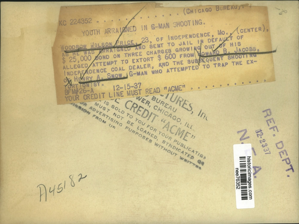 1937 Press Photo Woodrow Wilson Price Shoots Henry Snow & Extorts Howard Jacobs