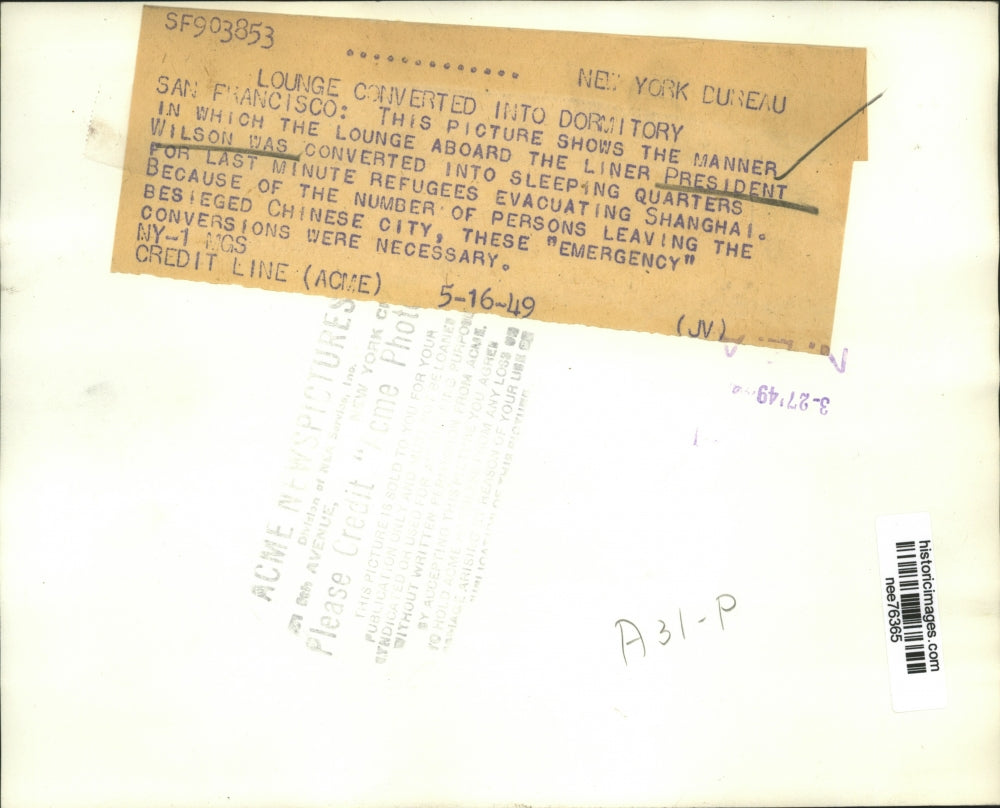 1949 Press Photo Lounge Aboard the Liner President Wilson Converted to Dormitory