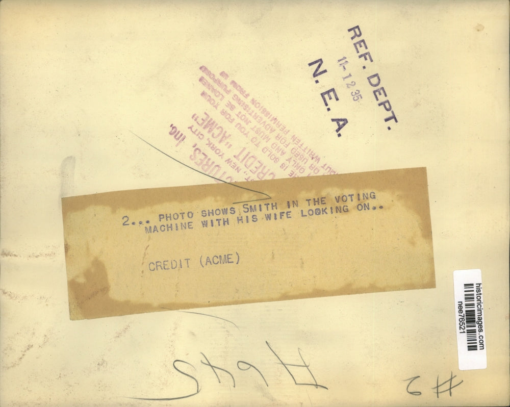 1935 Press Photo Former Governor of New York Al Smith & Mrs Smith Casting Ballot