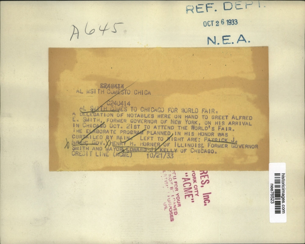 1933 Press Photo Former Governor of New York Al Smith At Chicago Worlds Fair