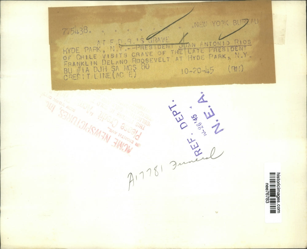 1945 Press Photo President Juan Antonio Rio at Grave of Late President Roosevelt