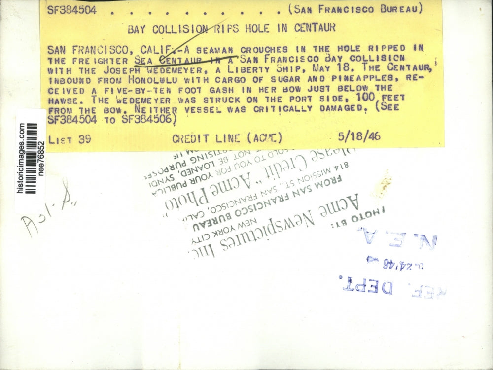 1946 Press Photo Seaman Aboard Freighter Sea Centaur in San Francisco Bay