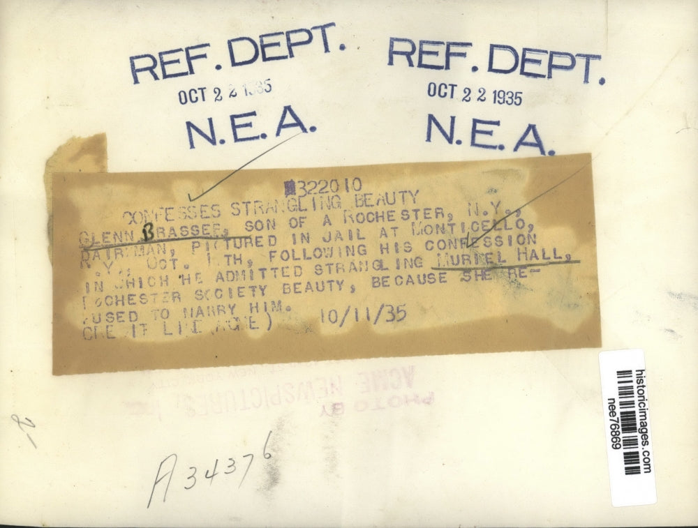 1935 Press Photo Glenn Brasser confessed Strangling Society Beuty Muriel Hall.