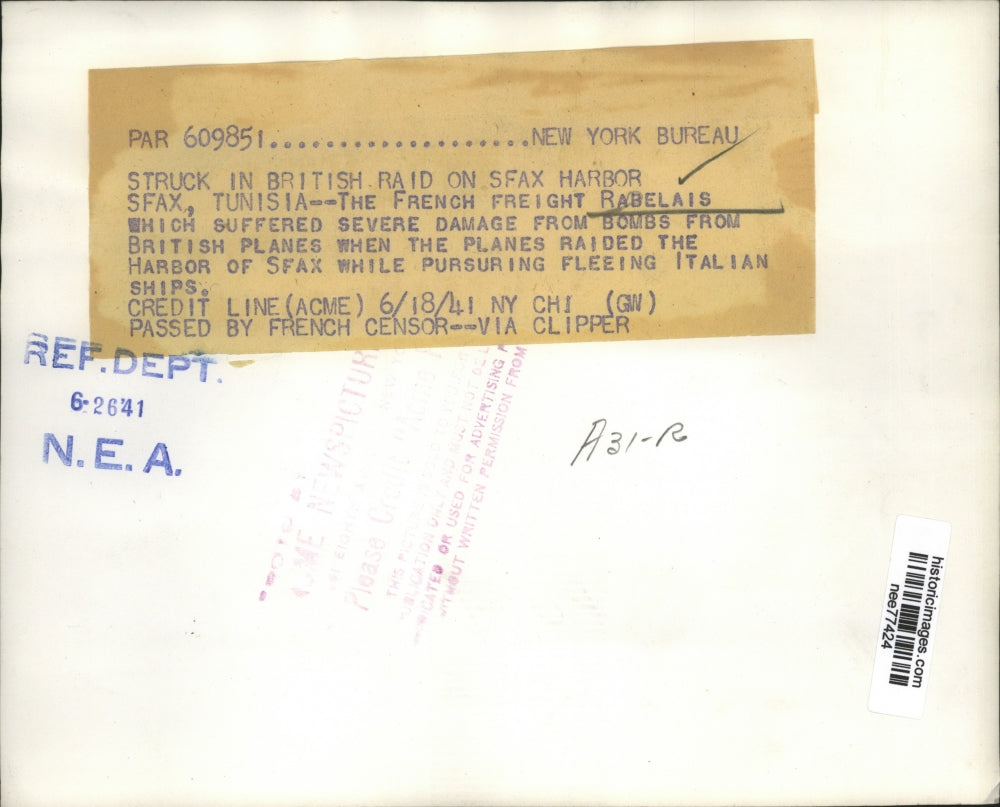 1941 Press Photo The French Freight Rabelais Suffered Severe Damage From Bombs