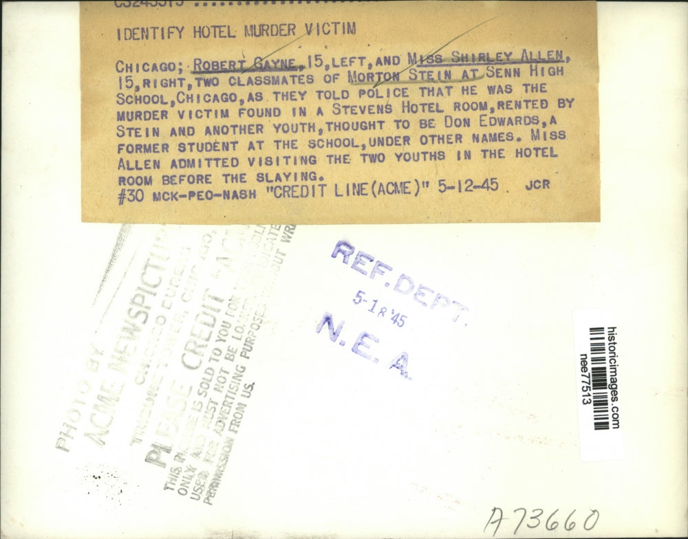 1945 Press Photo Robert Gayne, Shirley Allen Senn HS, speak of murder of Stein