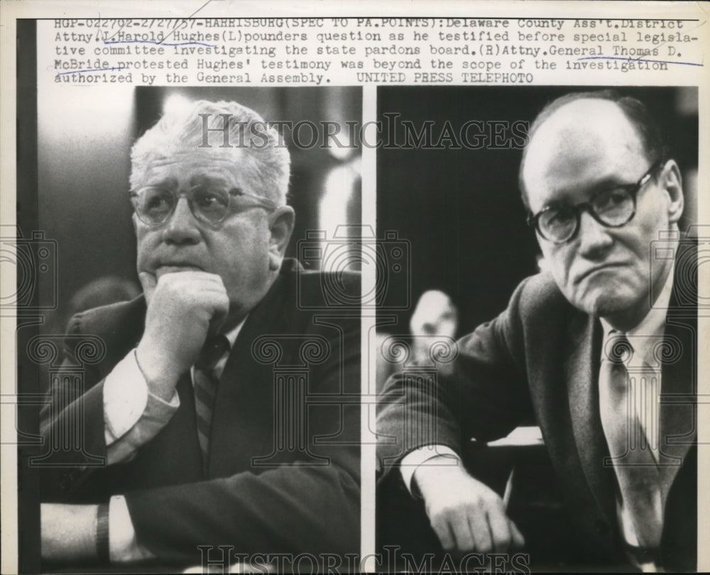 1957 Press Photo Delaware County asst DA Harold Hughes, Atty Thomas McBride