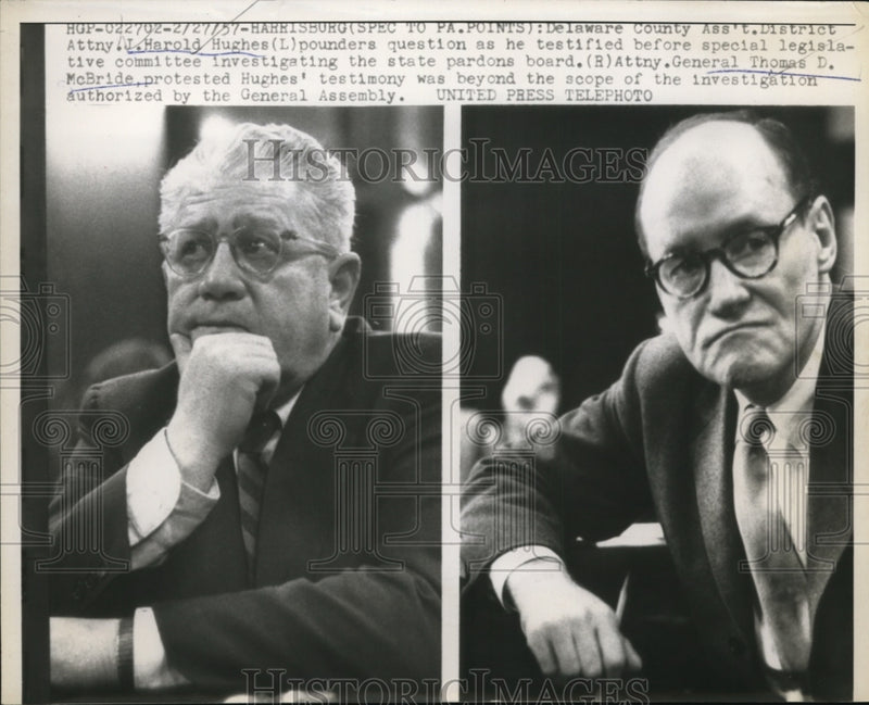 Load image into Gallery viewer, 1957 Press Photo Delaware County asst DA Harold Hughes, Atty Thomas McBride
