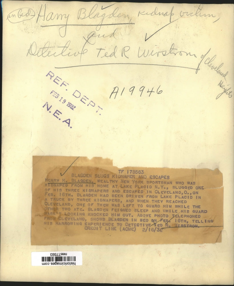 1932 Press Photo Henry Blaoden kidnap victim & detective Ted Wirstrom n Ohio