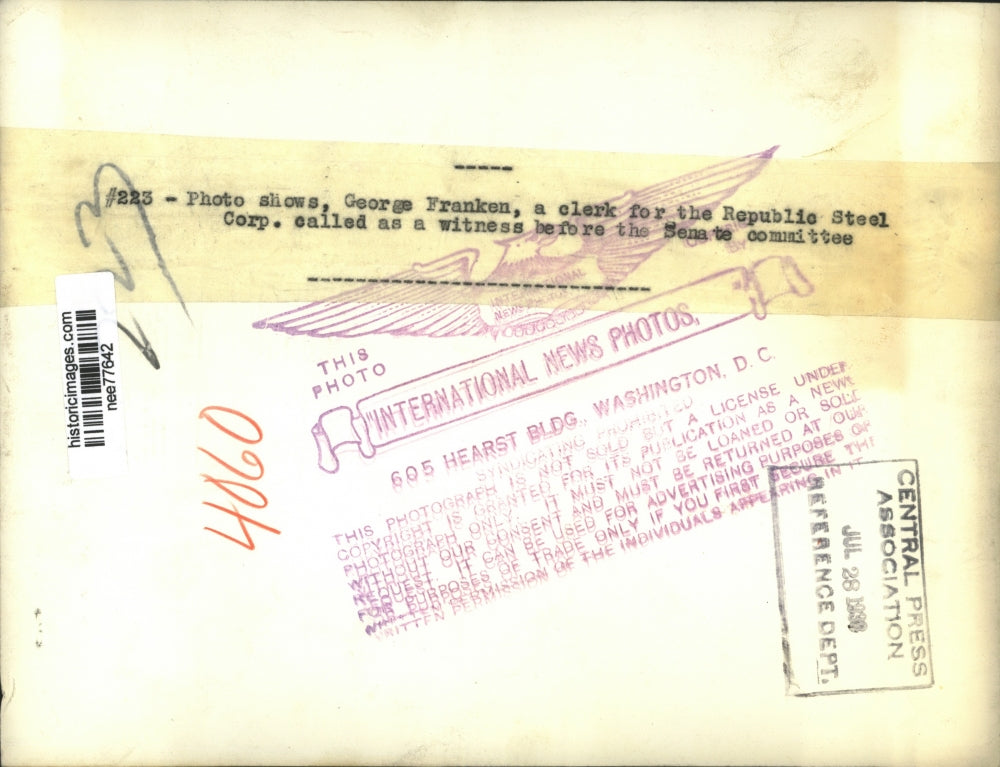 1937 Press Photo George Franjken Clerk for Republic Steel Corp Witness Senate Co