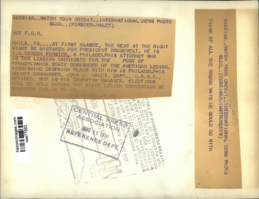1939 Press Photo IG Gordon Forster Philadelphia atty & American Legion JJ Haley