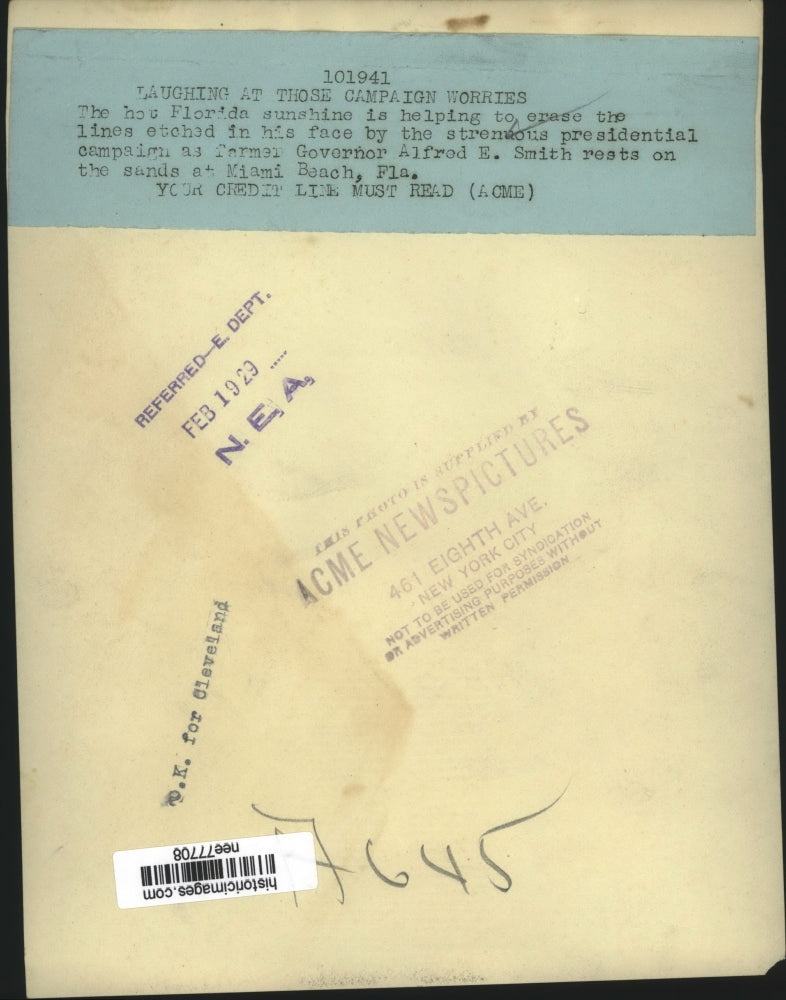 1929 Press Photo Former NY Governor Alfred Smith at beach in Miami Beach Florida