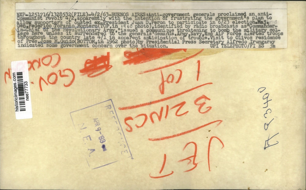 1963 Press Photo Gen Federico T Montero & President Jose M Guido of Argentina