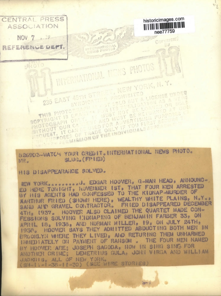 1938 Press Photo Arthur Fierd, Business from N.Y has been kidnap and mureder.