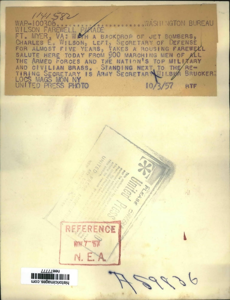 1957 Press Photo Ft Myer Va Charles E Wilson Sec of Defense, Army Sec W Brucker