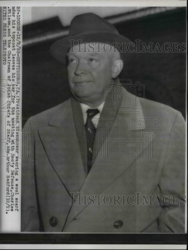 1955 Press Photo President Eisenhower for meet with Secy of Defense C Wilson
