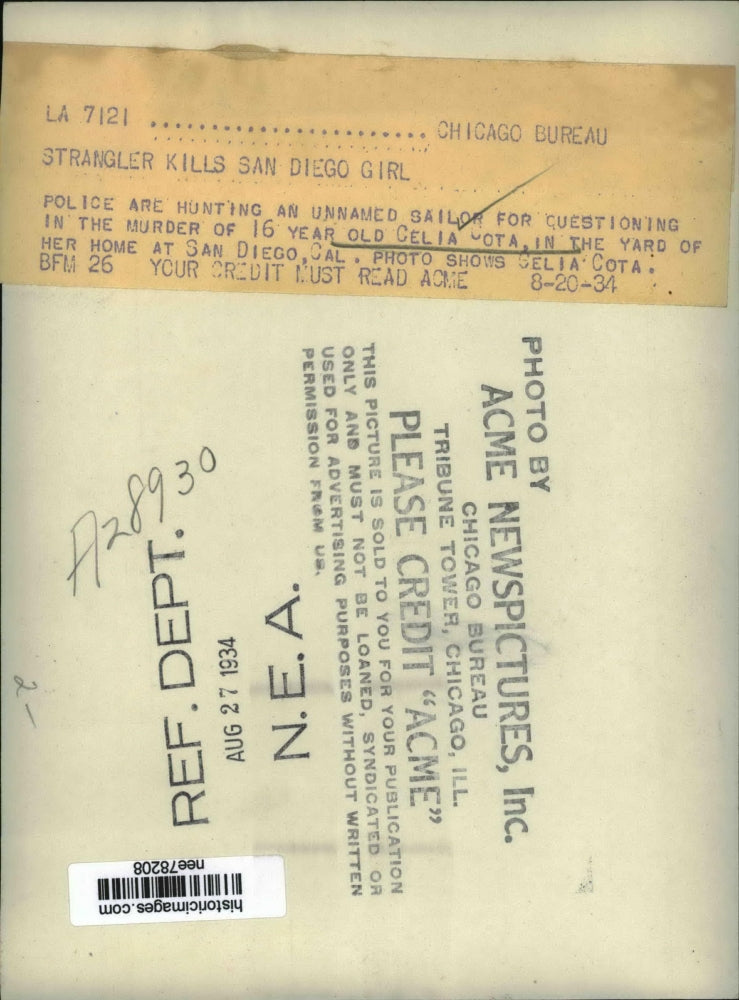 1934 Press Photo Celia Sota Murdered Police Looks for Unnamed Sailor in San Dieg