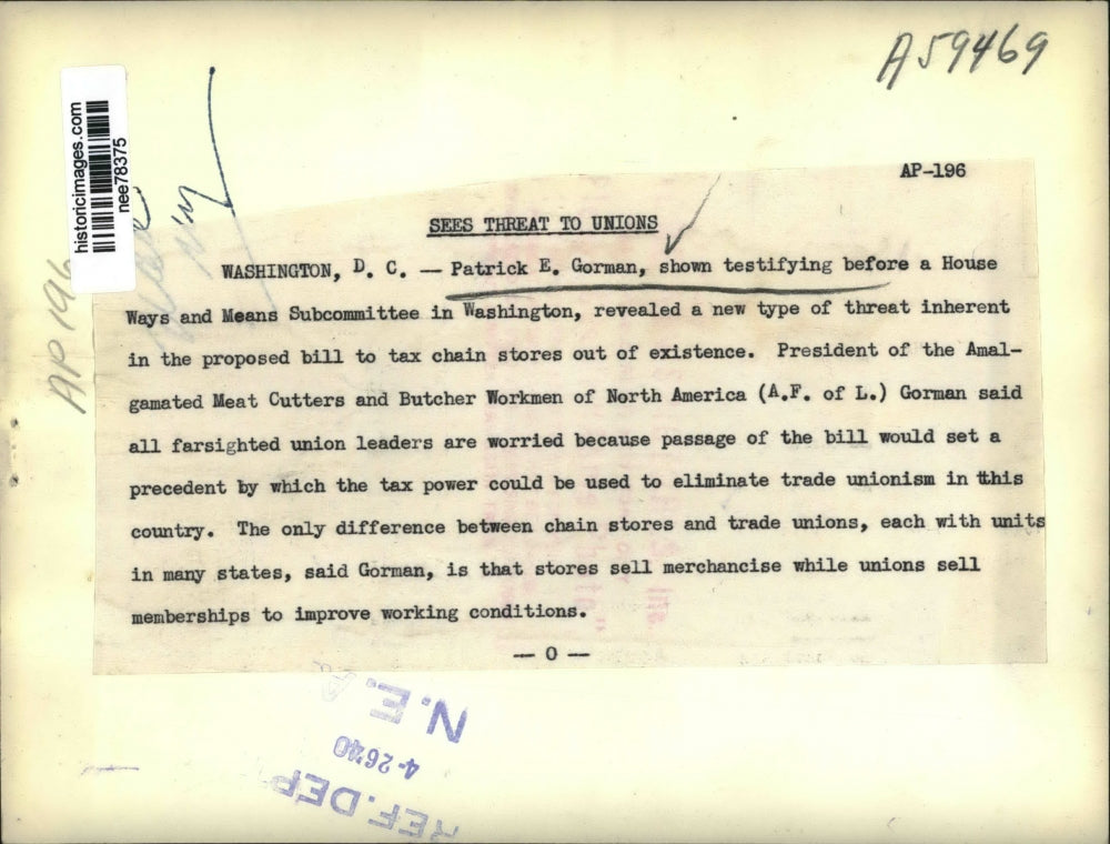 1940 Press Photo Patrick Gorman of AFL at House Ways & Means Committee