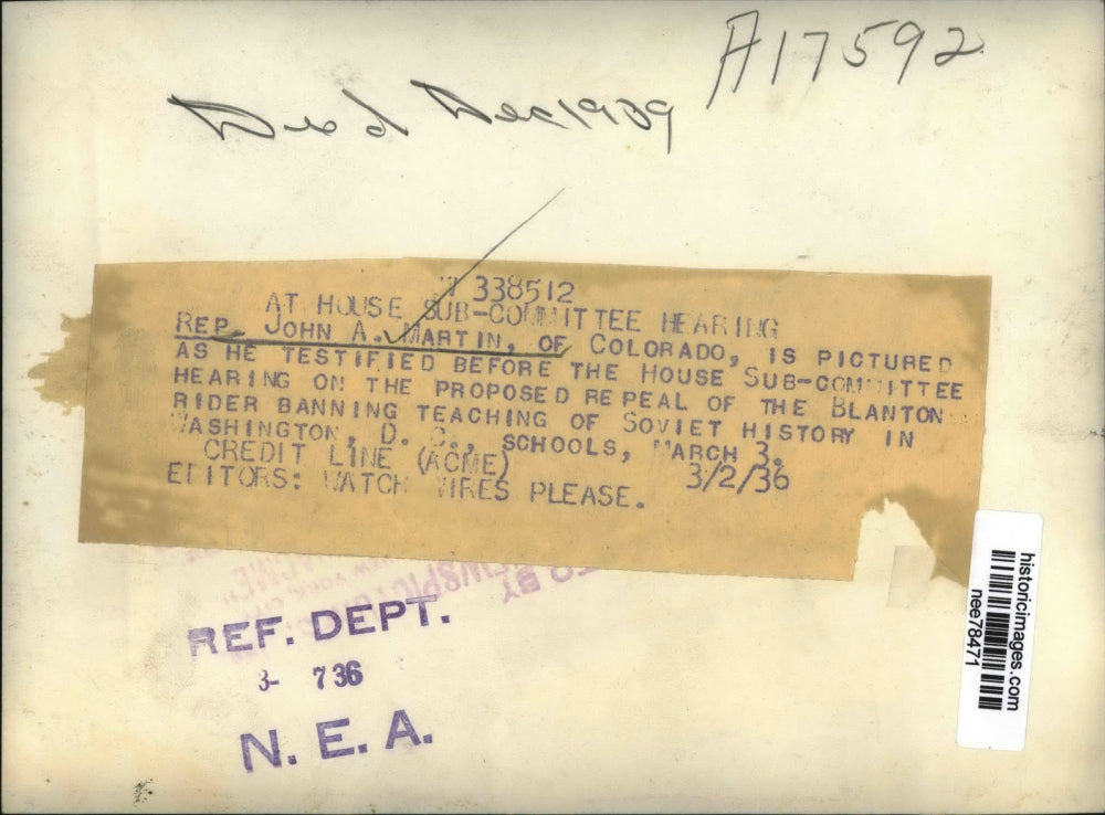 1936 Press Photo Rep John A Martin of Colorado at House Sub committee