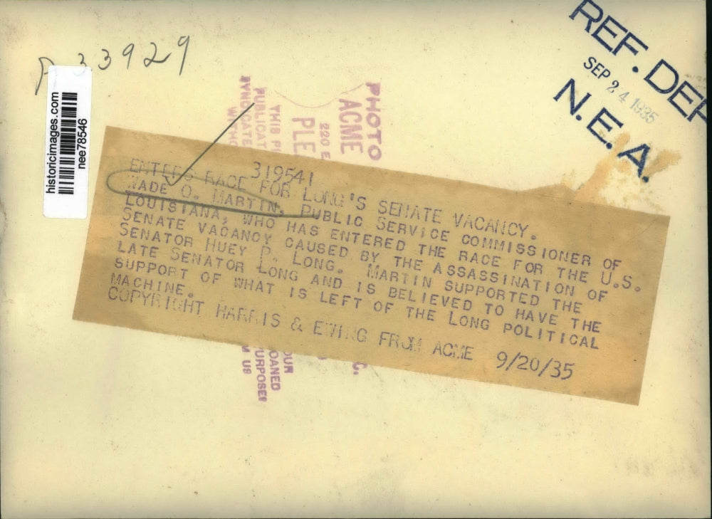 1935 Press Photo Wade O Martin Public Service commissioner of La in Senate race