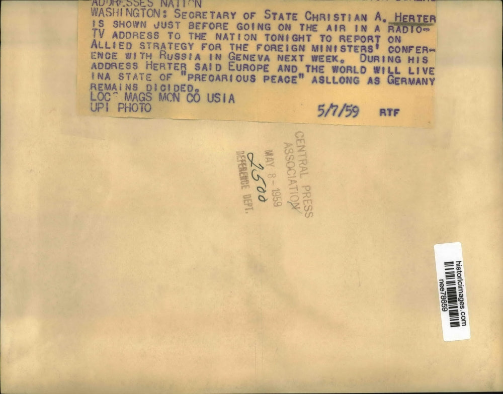 1959 Press Photo Secretary of State Christian A Herter Giving Radio/TV Address