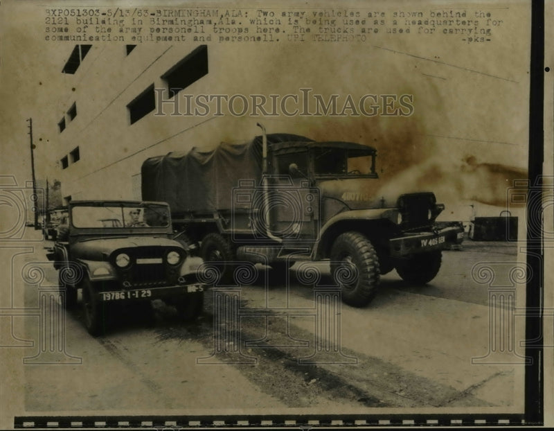 Load image into Gallery viewer, 1963 Press Photo Army Vehicles at 2121 Building in Birmingham Alabama

