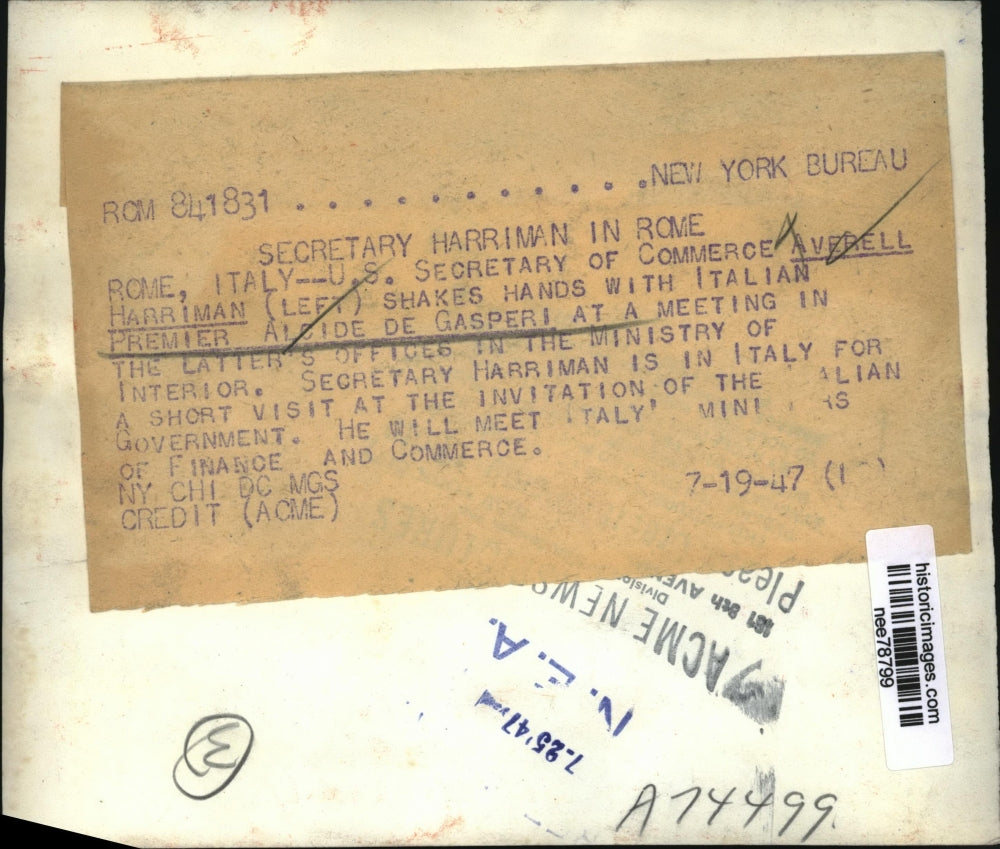 1947 Press Photo Averell Harriman, U.S. Sec. of Commerce and Alcide De Gasperi.