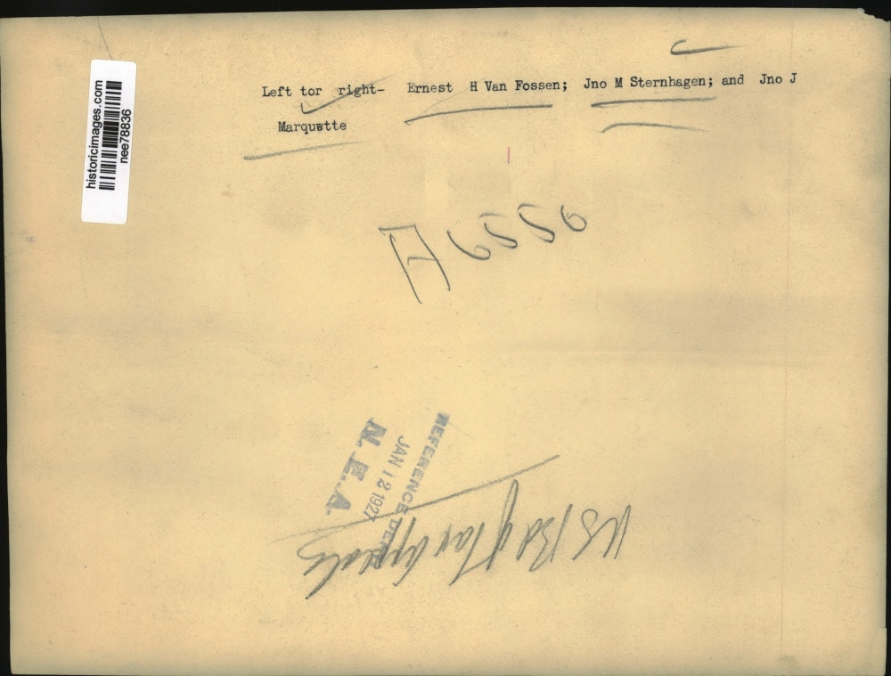 1927 Press Photo Ernest H.Van Fossen, Jno M. Sternhagen and Jno J. Marquette.